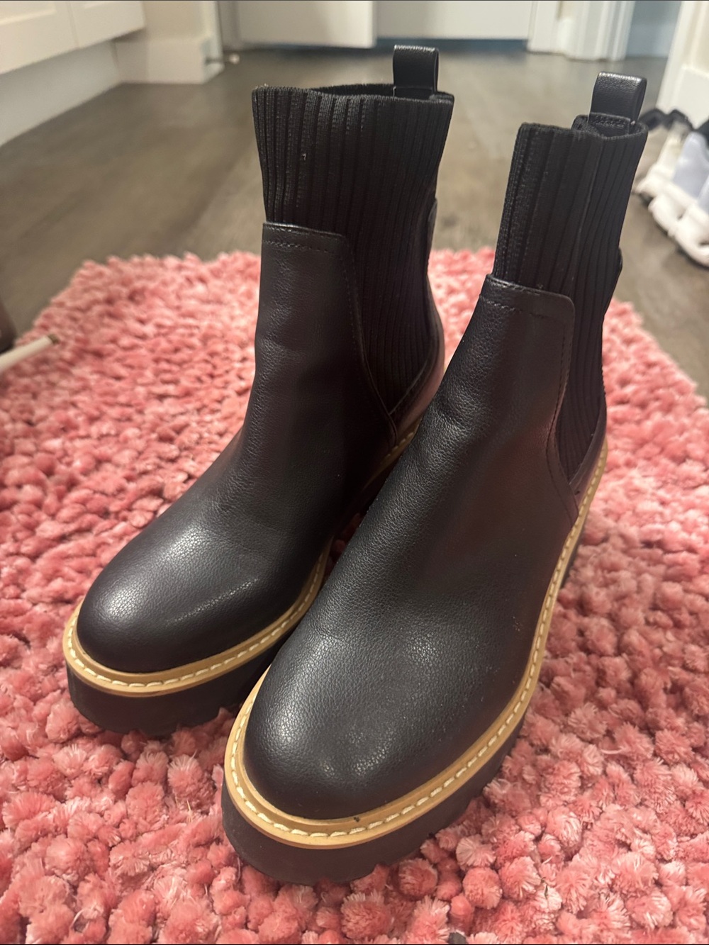 Dolce Vita Black Chelsea Lug Ankle Boots with Tan Welt